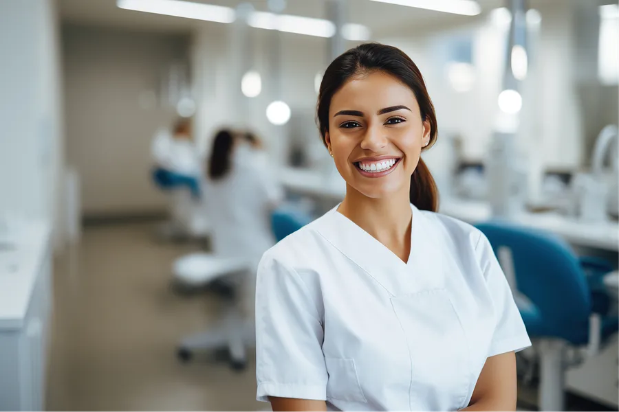 Smiling dental professional in a treatment area